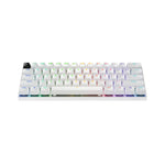 Clean front-facing shot of the white Logitech PRO X 60 wireless gaming keyboard, displaying its compact 60% layout, vibrant per-key RGB lighting, and minimalist design ideal for competitive setups.