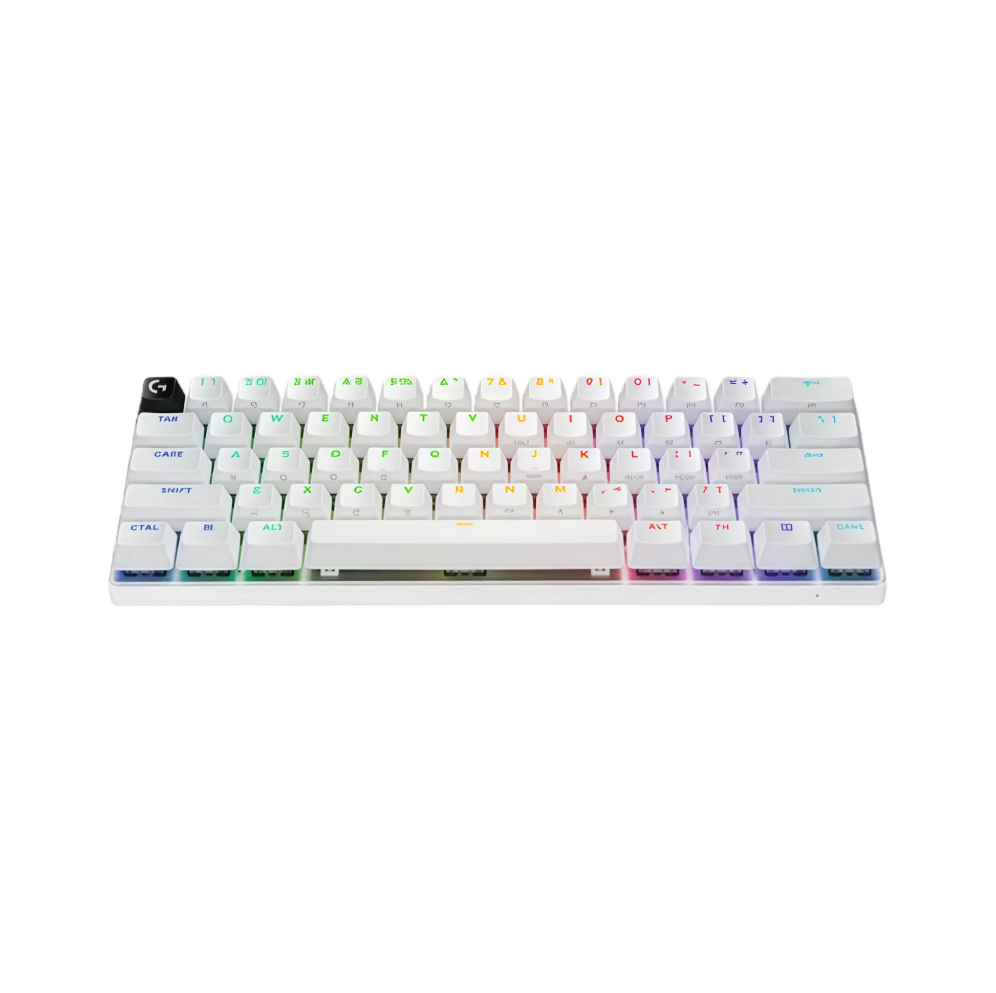 Clean front-facing shot of the white Logitech PRO X 60 wireless gaming keyboard, displaying its compact 60% layout, vibrant per-key RGB lighting, and minimalist design ideal for competitive setups.