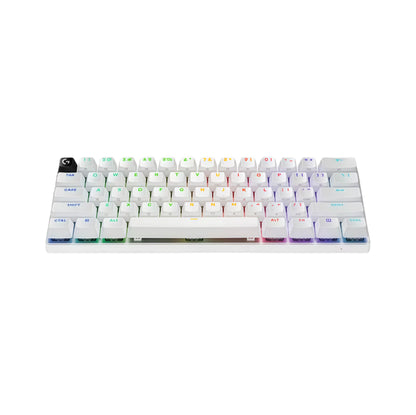 Clean front-facing shot of the white Logitech PRO X 60 wireless gaming keyboard, displaying its compact 60% layout, vibrant per-key RGB lighting, and minimalist design ideal for competitive setups.