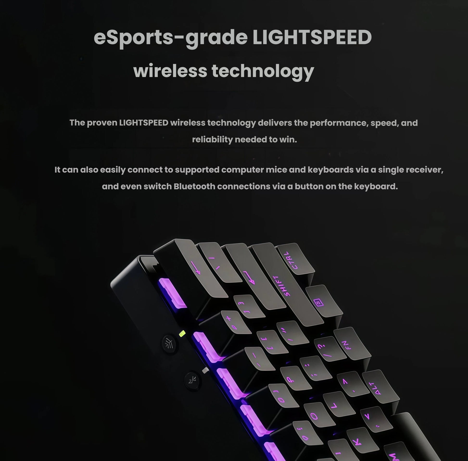 Dynamic side shot of the Logitech PRO X 60 gaming keyboard with purple RGB underglow, emphasizing LIGHTSPEED wireless technology for pro-level speed and reliability.