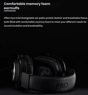 Close-up of the black PRO X headset’s ear cushions, highlighting the interchangeable protein-leather and breathable-fleece memory-foam pads for sound isolation and comfort.