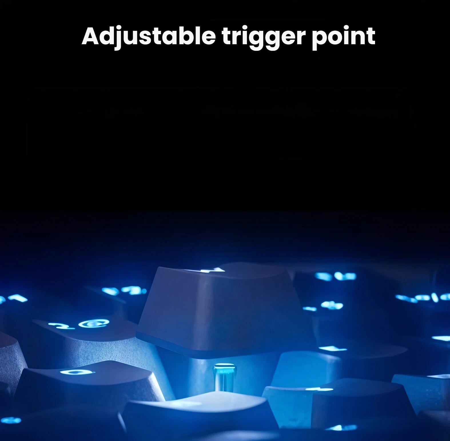 Macro shot of a blue-backlit keycap on the PRO X TKL, emphasizing the adjustable trigger point feature enabled by magnetic axis technology.