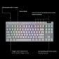  Annotated top view of the white PRO X TKL labeling detachable USB-C cable, Game Mode switch, volume wheel, media buttons, trigger-point adjustment, and third-party keycap compatibility.