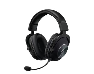  Front-facing studio shot of the black PRO X headset with detachable boom microphone, showcasing its sleek, tournament-grade design.