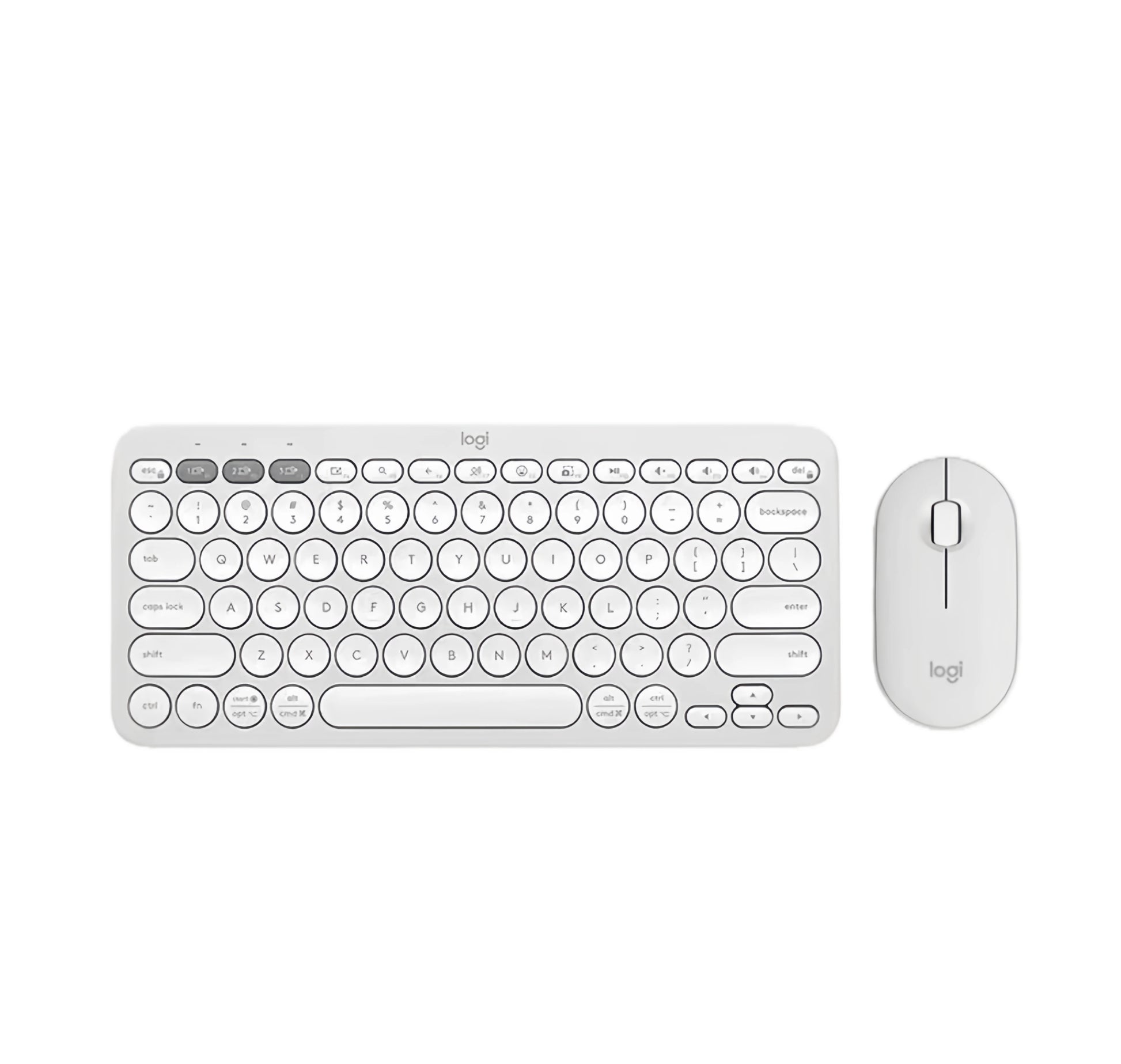  Over-shoulder shot of the off-white Pebble 2 Combo being used beside a laptop, highlighting Silent Touch technology and low-profile quiet keys.