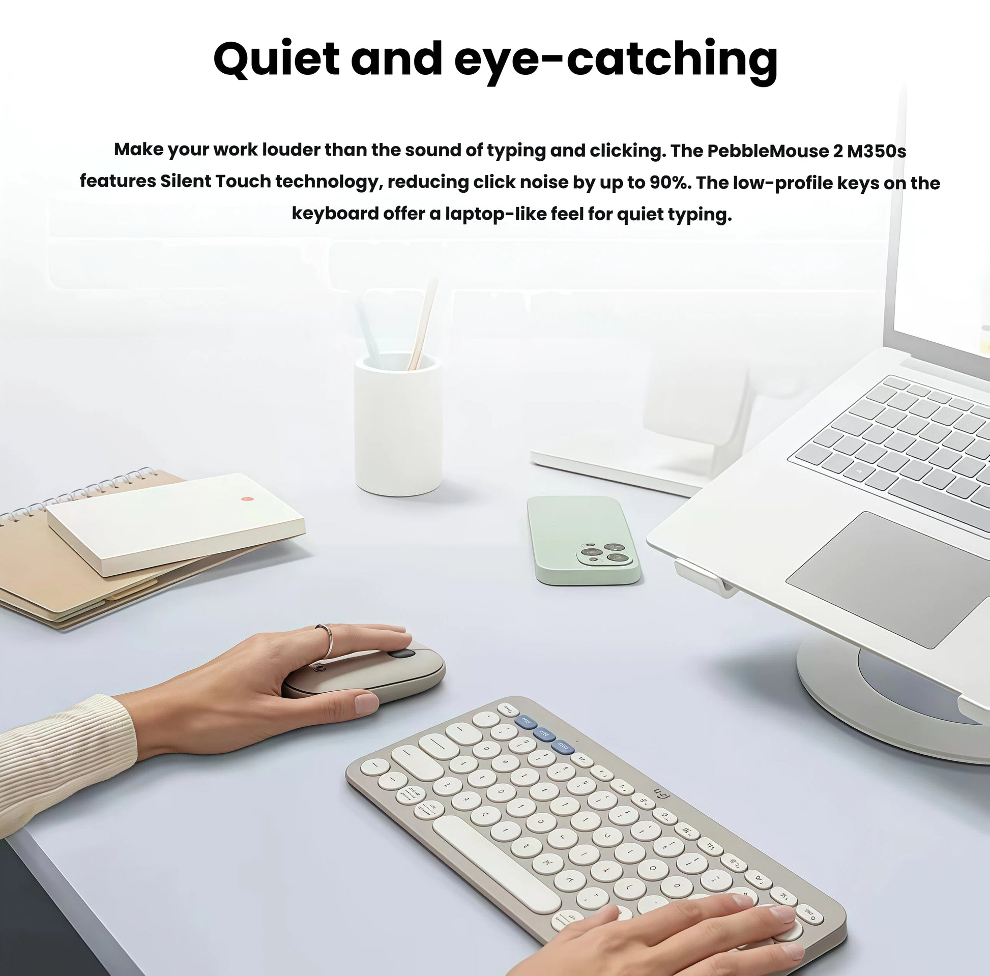 Family shot of the Pebble 2 Combo in graphite, off-white, blue, rose, and white, showcasing the variety of color options to match any style.