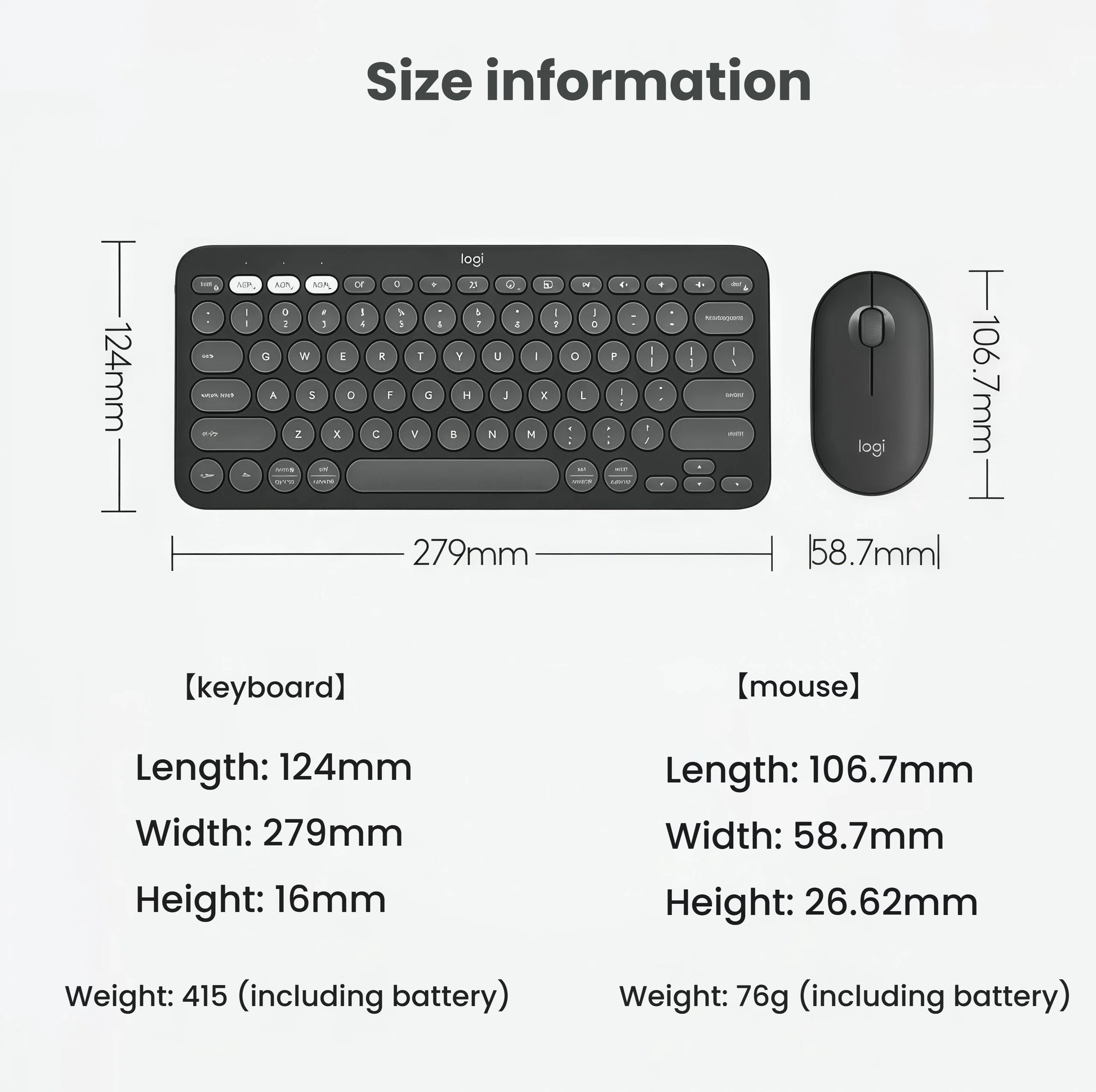 Technical diagram showing the Pebble 2 keyboard (279 × 124 × 16 mm, 415 g) and mouse (106.7 × 58.7 × 26.62 mm, 76 g) for easy travel planning.