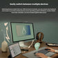 Lifestyle scene showing the graphite Pebble 2 Combo connected to both a desktop monitor and a tablet, illustrating effortless multi-device switching via Logi Bolt or Bluetooth.