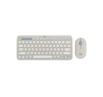 Minimalist off-white Pebble 2 Combo displayed from above, featuring soft gray lettering and a matching mouse.