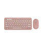 Top-down view of the rose-colored Logitech Pebble 2 Combo featuring a compact round-key keyboard and matching slim mouse on a white background.