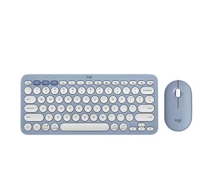 Studio shot of the sky-blue Pebble 2 Combo, highlighting the pastel keyboard and mouse set against a clean white backdrop.