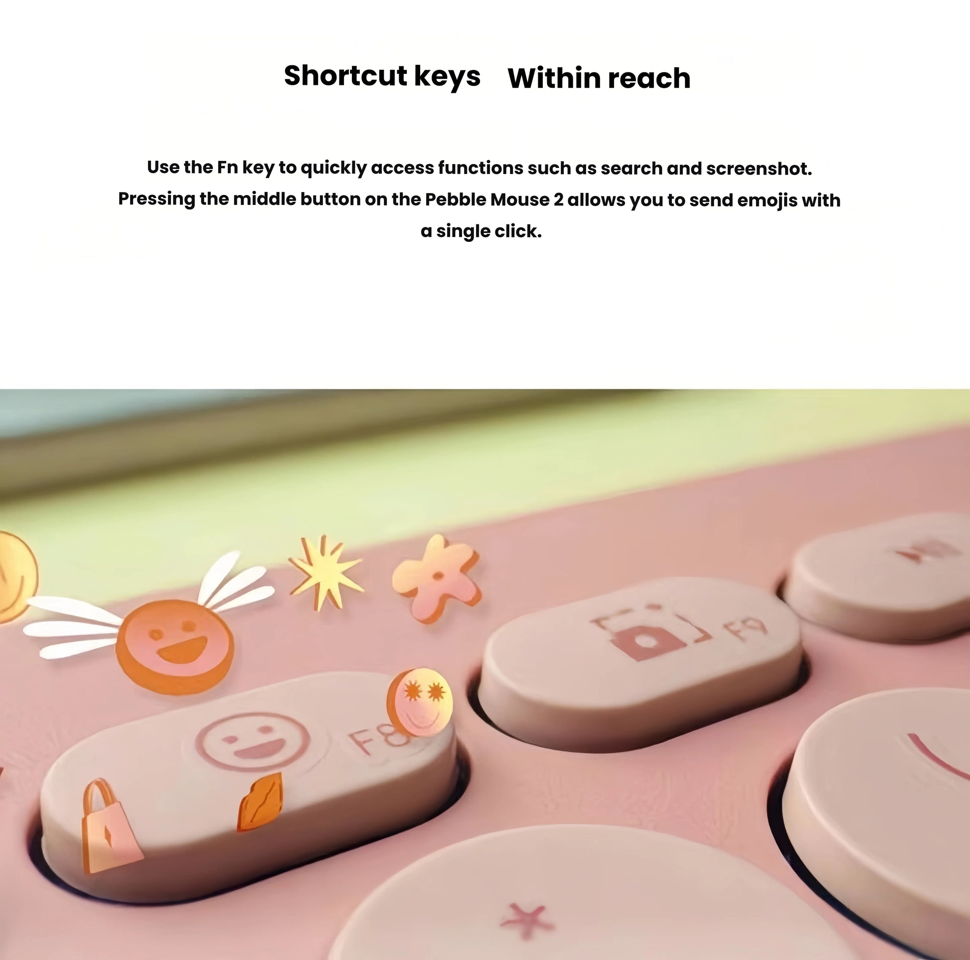 Macro shot of the rose keyboard’s F8 and F9 keys with animated emoji graphics, illustrating instant access to emojis and screenshots.