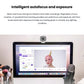 StreamCam clipped to an iMac during a makeup tutorial, illustrating AI-powered face tracking that maintains sharp focus and balanced exposure in any lighting.