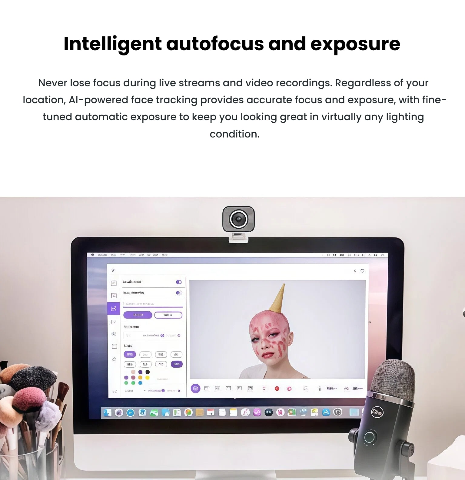 StreamCam clipped to an iMac during a makeup tutorial, illustrating AI-powered face tracking that maintains sharp focus and balanced exposure in any lighting.