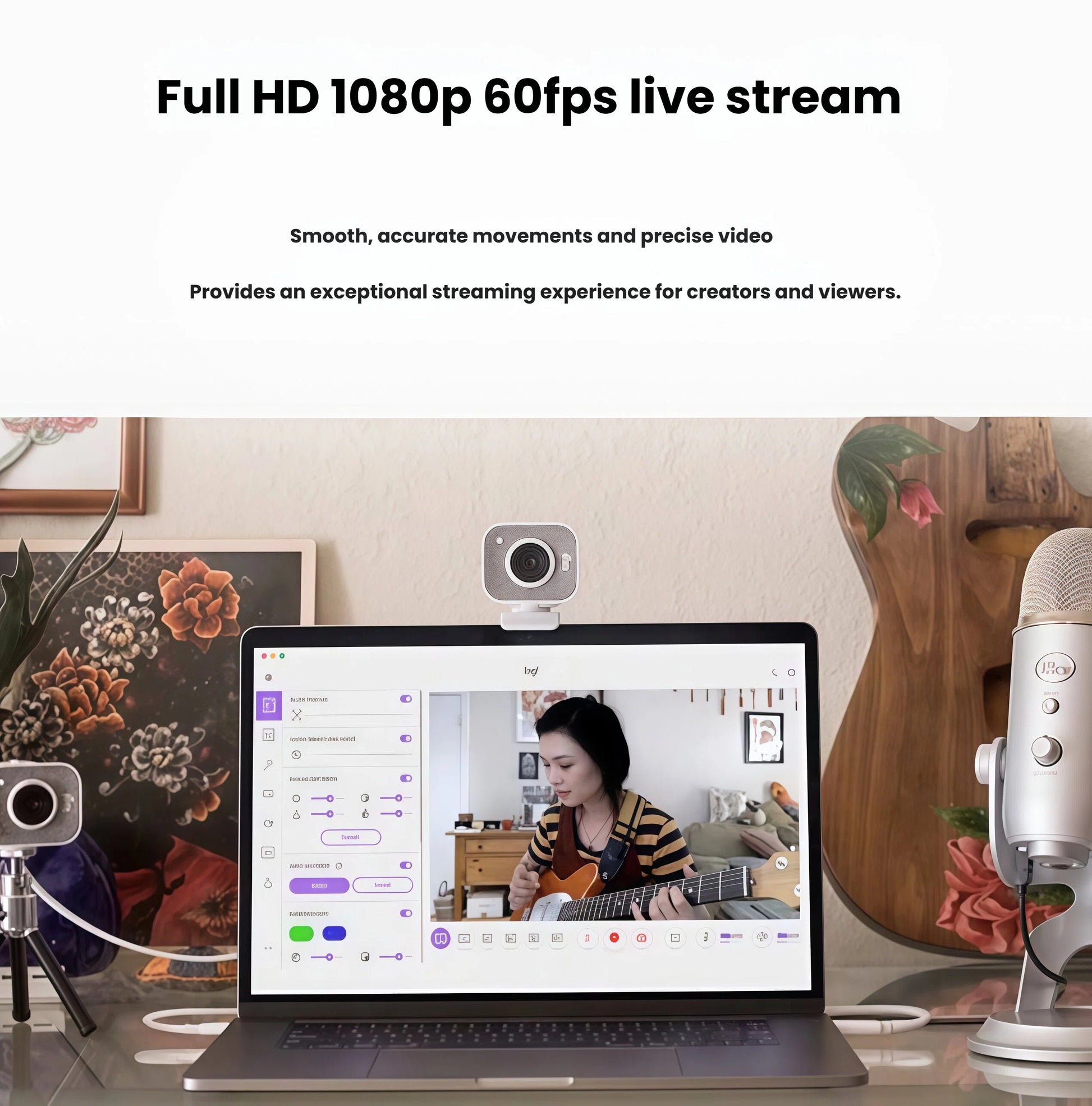 Lifestyle scene of a creator streaming at 1080p 60 fps using the white StreamCam mounted on a laptop, delivering smooth, accurate video for live audiences.