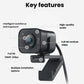 Annotated view of the graphite StreamCam labeling intelligent autofocus, 1080p 60 fps recording, high-quality dual mics, Full HD vertical video, and versatile mounting options.