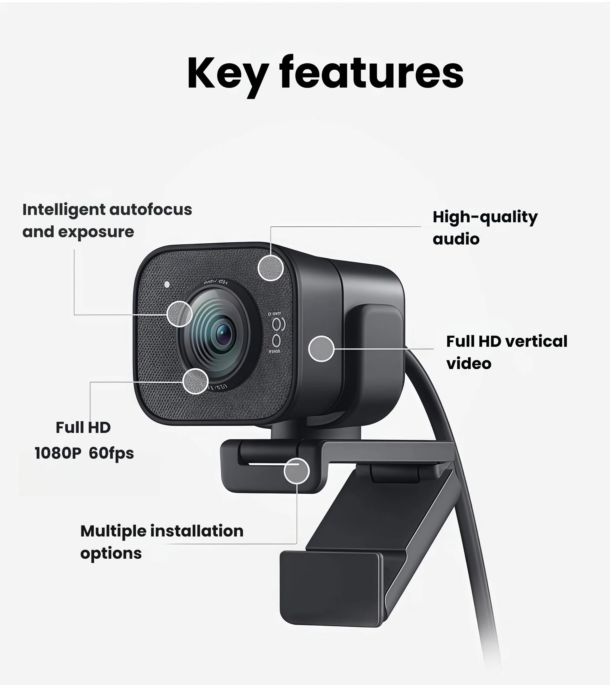Annotated view of the graphite StreamCam labeling intelligent autofocus, 1080p 60 fps recording, high-quality dual mics, Full HD vertical video, and versatile mounting options.
