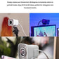 Collage showing the white StreamCam rotated 90° for portrait-mode recording, perfect for Instagram and Facebook Stories, alongside traditional landscape setup.