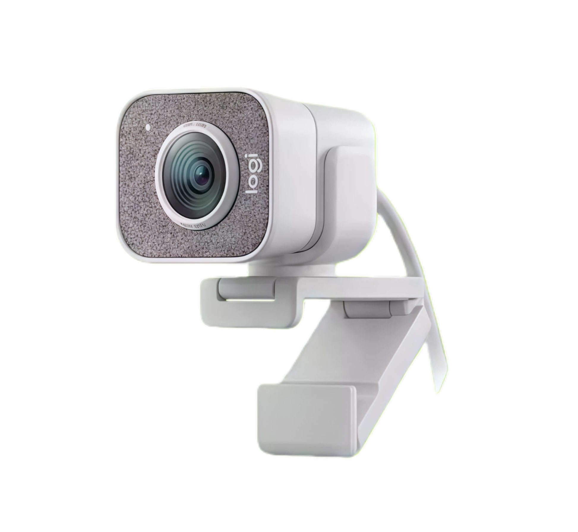 Front-facing shot of the white Logitech StreamCam, showcasing its fabric-textured faceplate, Full HD lens, and built-in status LED.