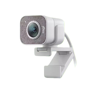 Front-facing shot of the white Logitech StreamCam, showcasing its fabric-textured faceplate, Full HD lens, and built-in status LED.