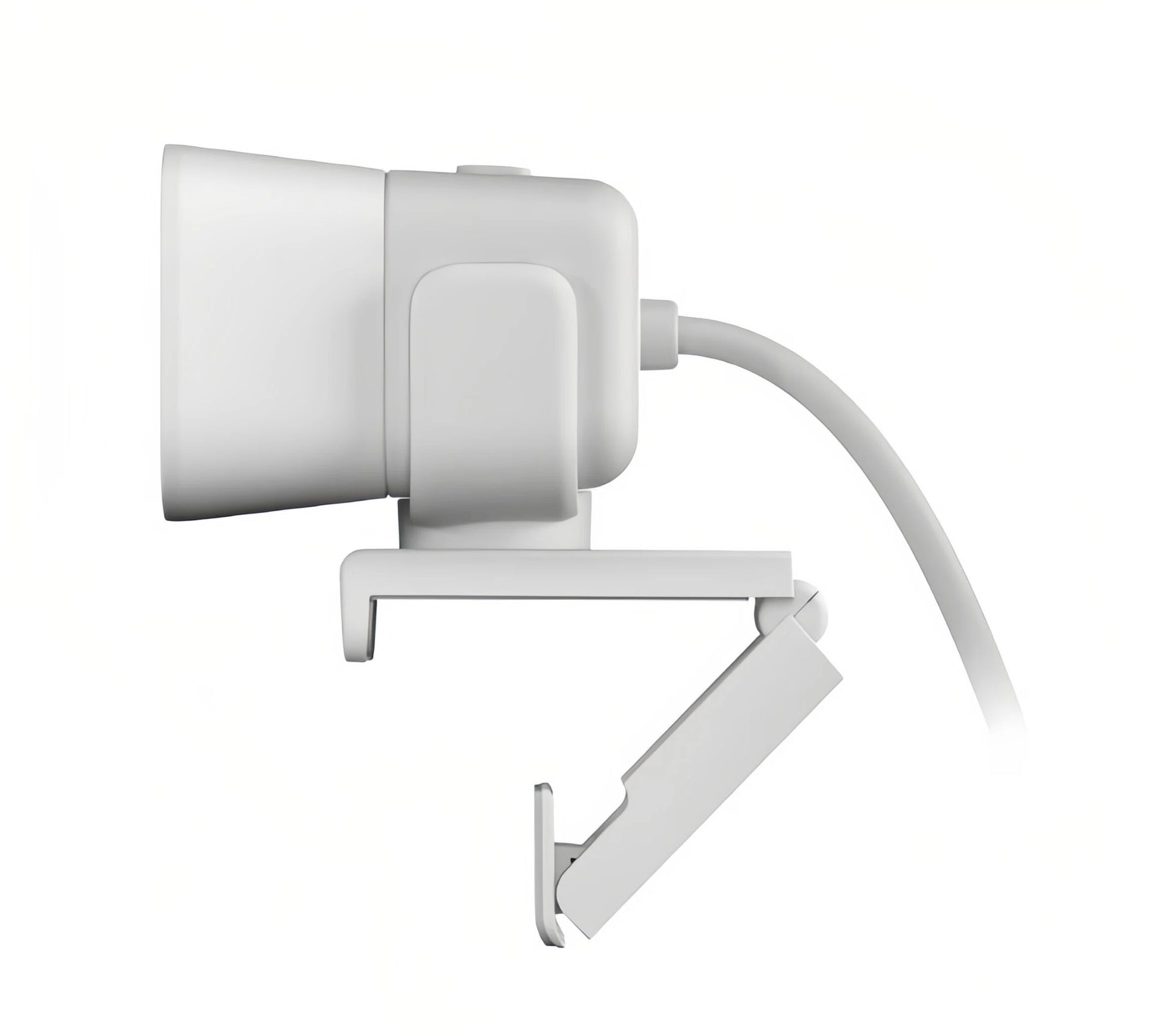 Side view of the white StreamCam highlighting its compact cube design, adjustable monitor clip, and integrated USB-C cable.