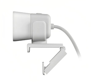 Side view of the white StreamCam highlighting its compact cube design, adjustable monitor clip, and integrated USB-C cable.