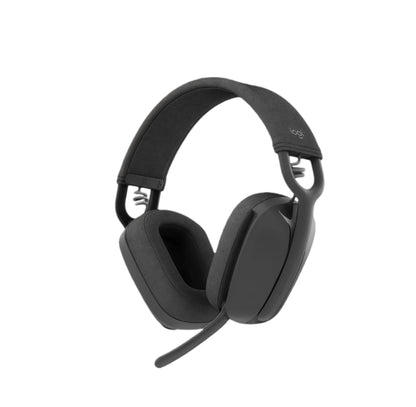 Studio shot of the black Logitech Zone Vibe 100 wireless headset, showcasing its over-ear design, cushioned headband, and extended noise-canceling microphone boom.