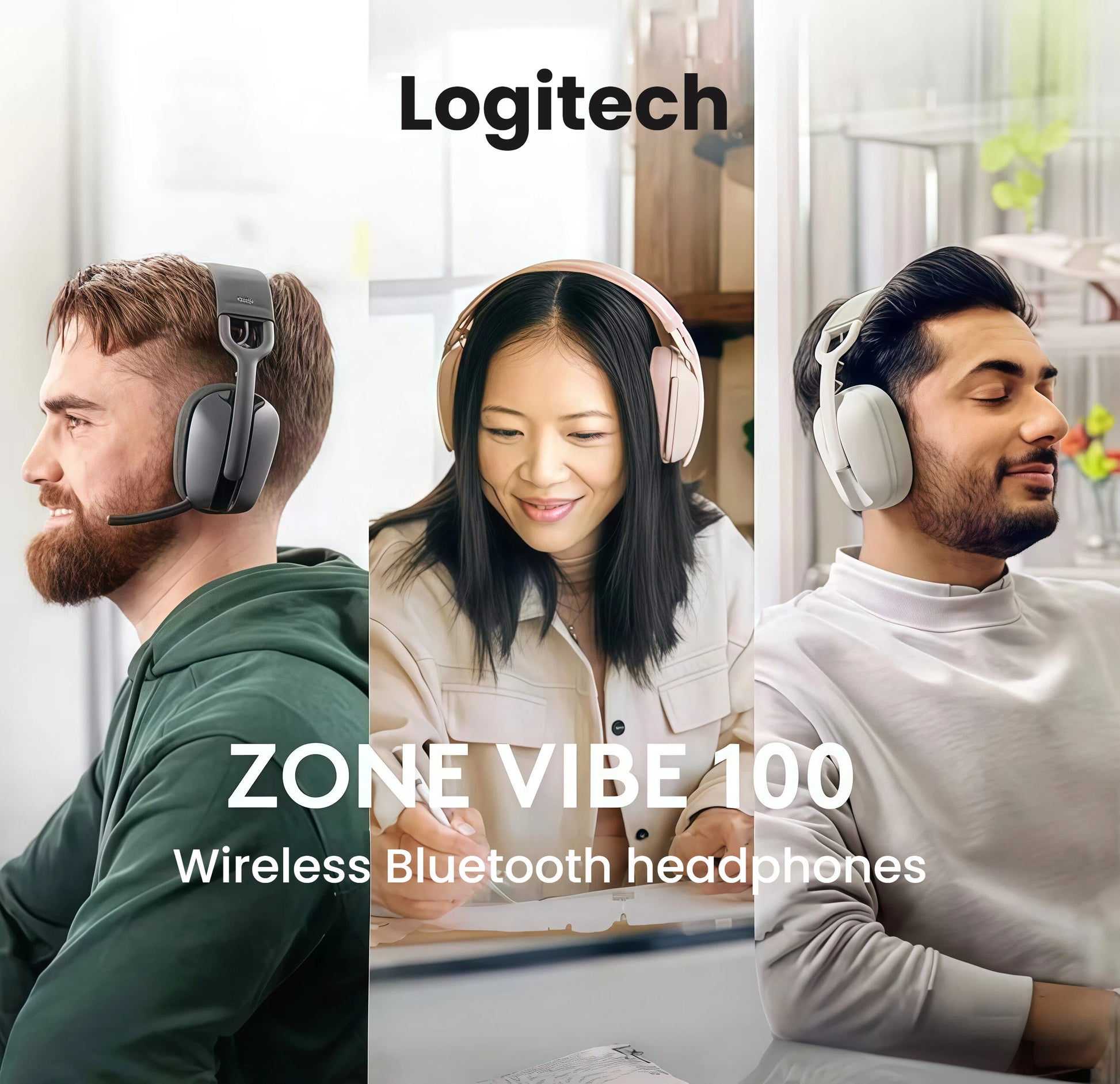 Lifestyle triptych featuring three people wearing the Zone Vibe 100 in graphite, rose, and off-white finishes, emphasizing style and versatility for work or play.