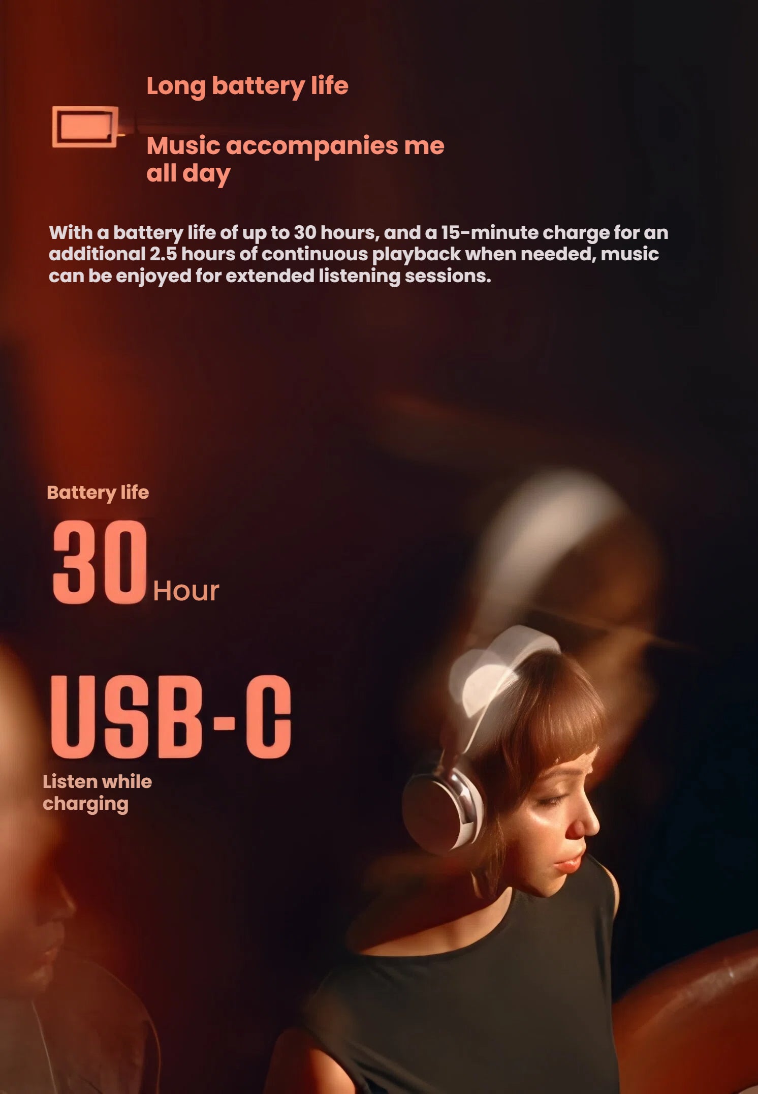 A graphic illustrating the all-day battery performance of the Bose QC Ultra Headphones, which offer up to 30 hours of playback and feature USB-C fast charging for extended listening sessions.