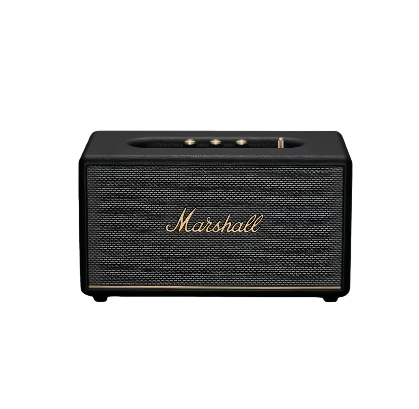 Front view of the Marshall Stanmore III Bluetooth speaker in classic black, showcasing the iconic gold script logo and textured fret grille.