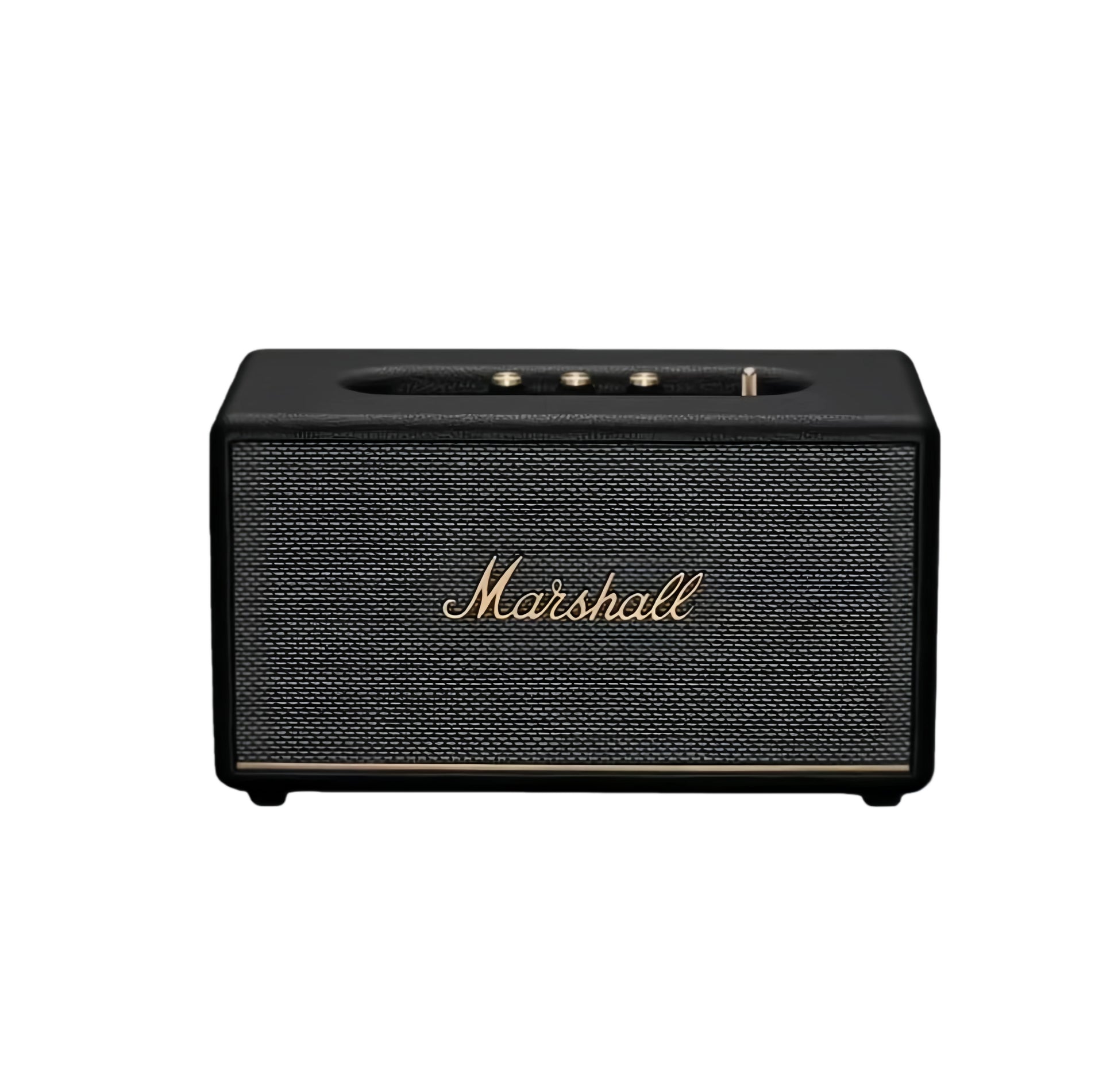 Front view of the Marshall Stanmore III Bluetooth speaker in classic black, showcasing the iconic gold script logo and textured fret grille.