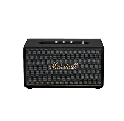 Front view of the Marshall Stanmore III Bluetooth speaker in classic black, showcasing the iconic gold script logo and textured fret grille.