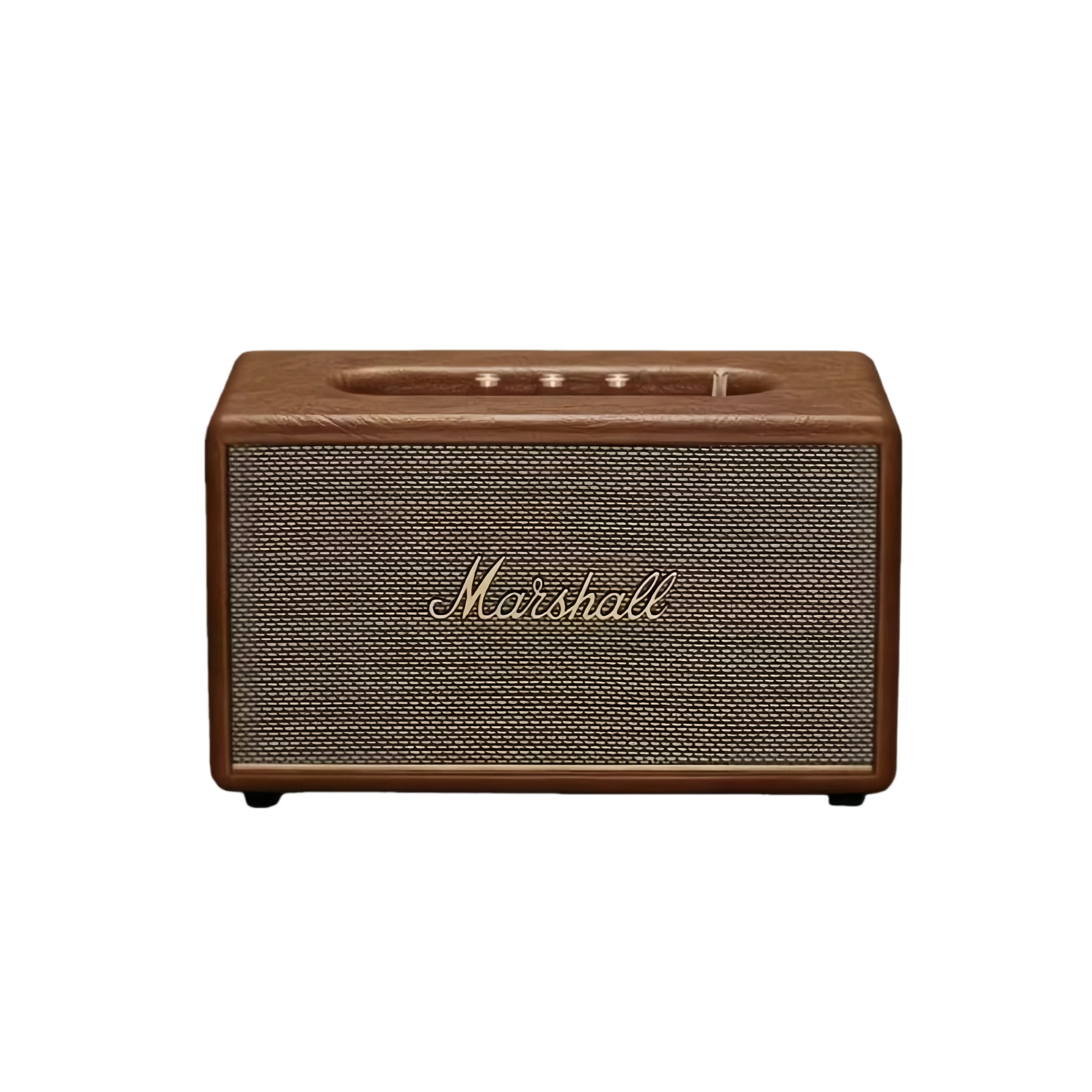 Front view of the Marshall Stanmore III Bluetooth speaker in vintage brown, highlighting the retro vinyl wrap and gold detailing.