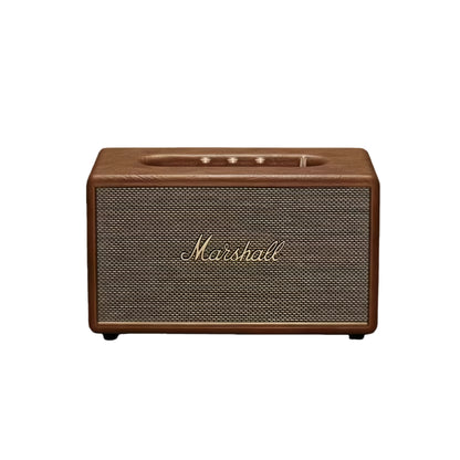Front view of the Marshall Stanmore III Bluetooth speaker in vintage brown, highlighting the retro vinyl wrap and gold detailing.