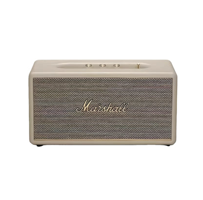  Front view of the Marshall Stanmore III Bluetooth speaker in elegant cream, perfect for modern minimalist interiors.