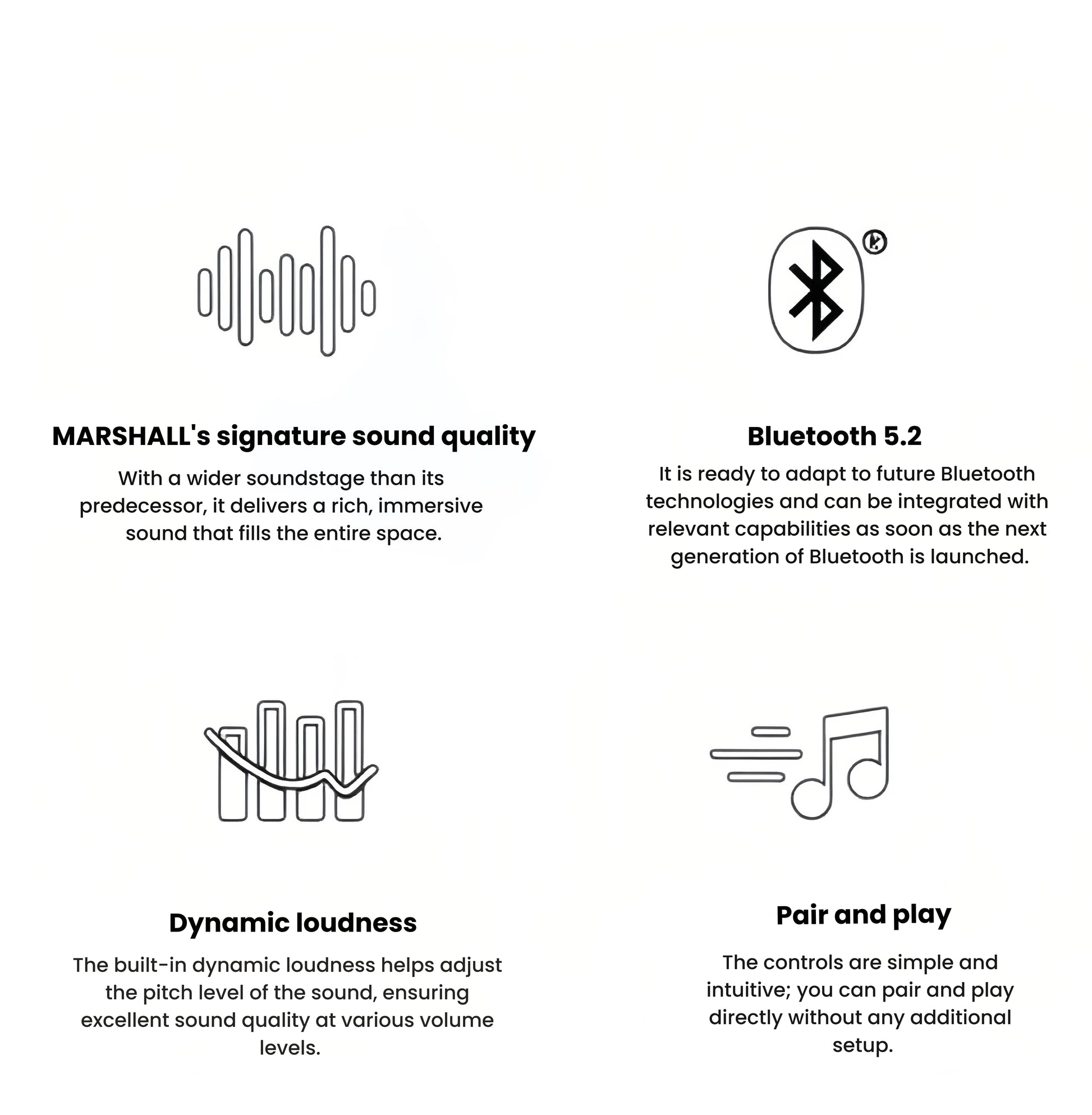 Infographic displaying Marshall Stanmore III’s signature sound, Bluetooth 5.2, dynamic loudness, and instant pair-and-play functionality for seamless wireless listening.