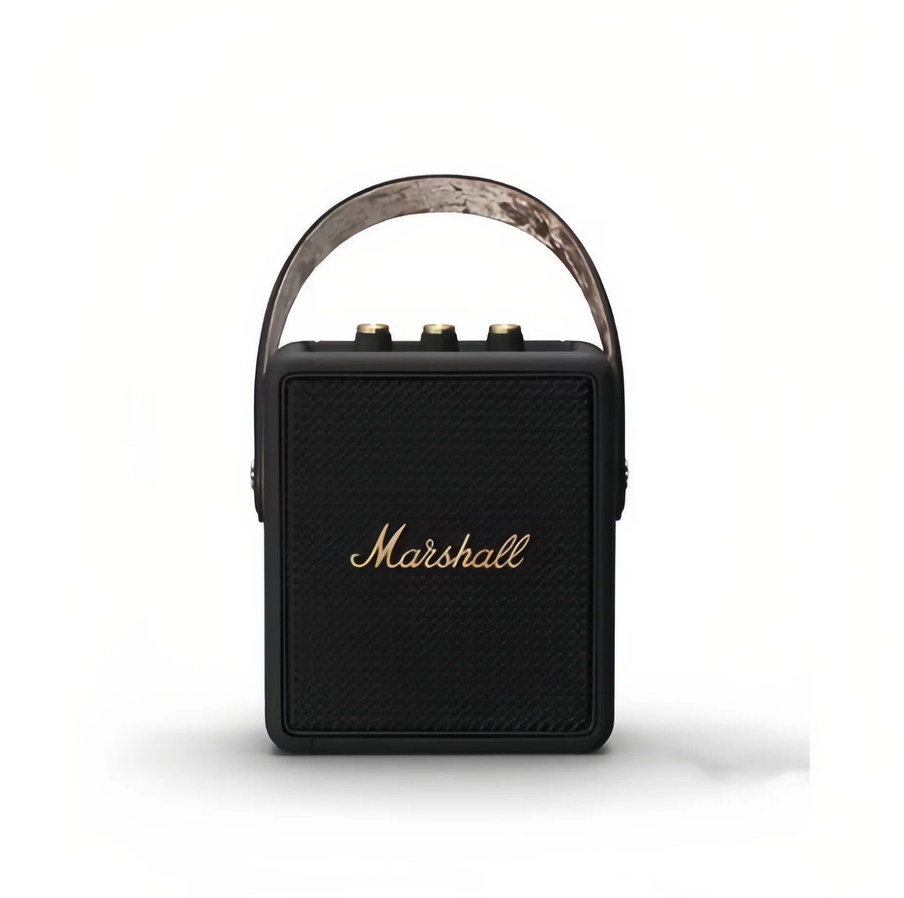 Front view of the Marshall Stockwell II portable wireless speaker in black with camouflage-pattern carry strap, highlighting its rugged, travel-ready style.
