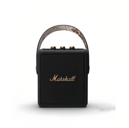 Front view of the Marshall Stockwell II portable wireless speaker in black with camouflage-pattern carry strap, highlighting its rugged, travel-ready style.