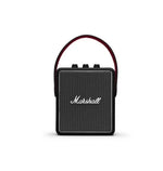 Front view of the Marshall Stockwell II portable wireless speaker in black with red carry strap, showcasing the classic Marshall logo and compact square design.