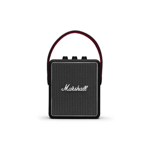 Front view of the Marshall Stockwell II portable wireless speaker in black with red carry strap, showcasing the classic Marshall logo and compact square design.