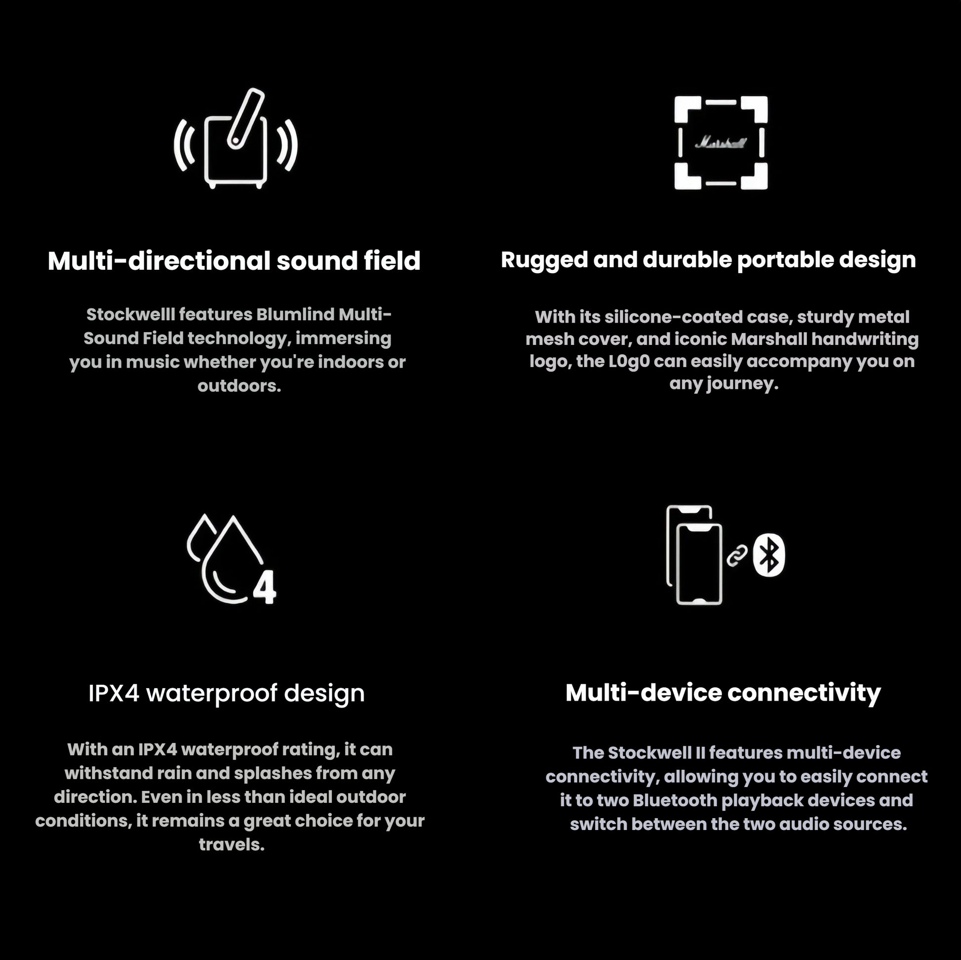 Infographic highlighting Marshall Stockwell II’s key features: Blumlein multi-directional sound, rugged silicone-coated build, IPX4 waterproofing, and dual-device Bluetooth connectivity.