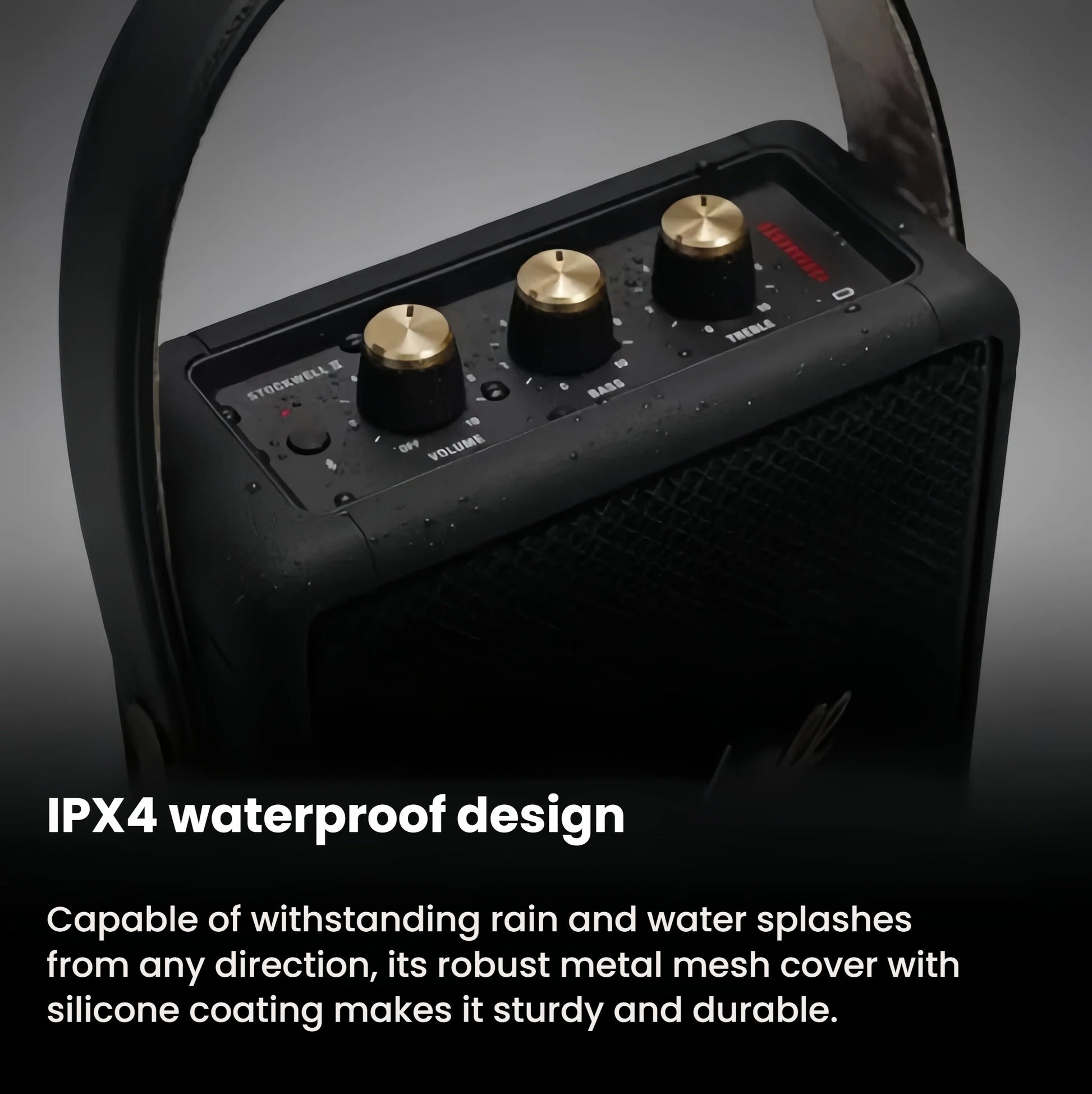 Water droplets on the Marshall Stockwell II speaker’s top panel, demonstrating its IPX4-rated splash-proof protection for outdoor use.