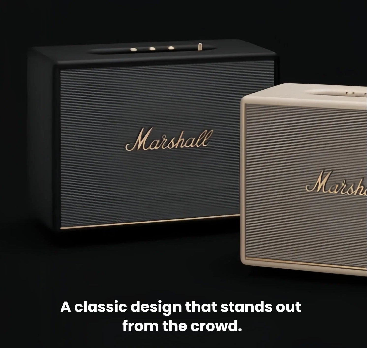 Side-by-side view of black and cream Marshall Woburn III speakers, highlighting the classic design that stands out in any interior.