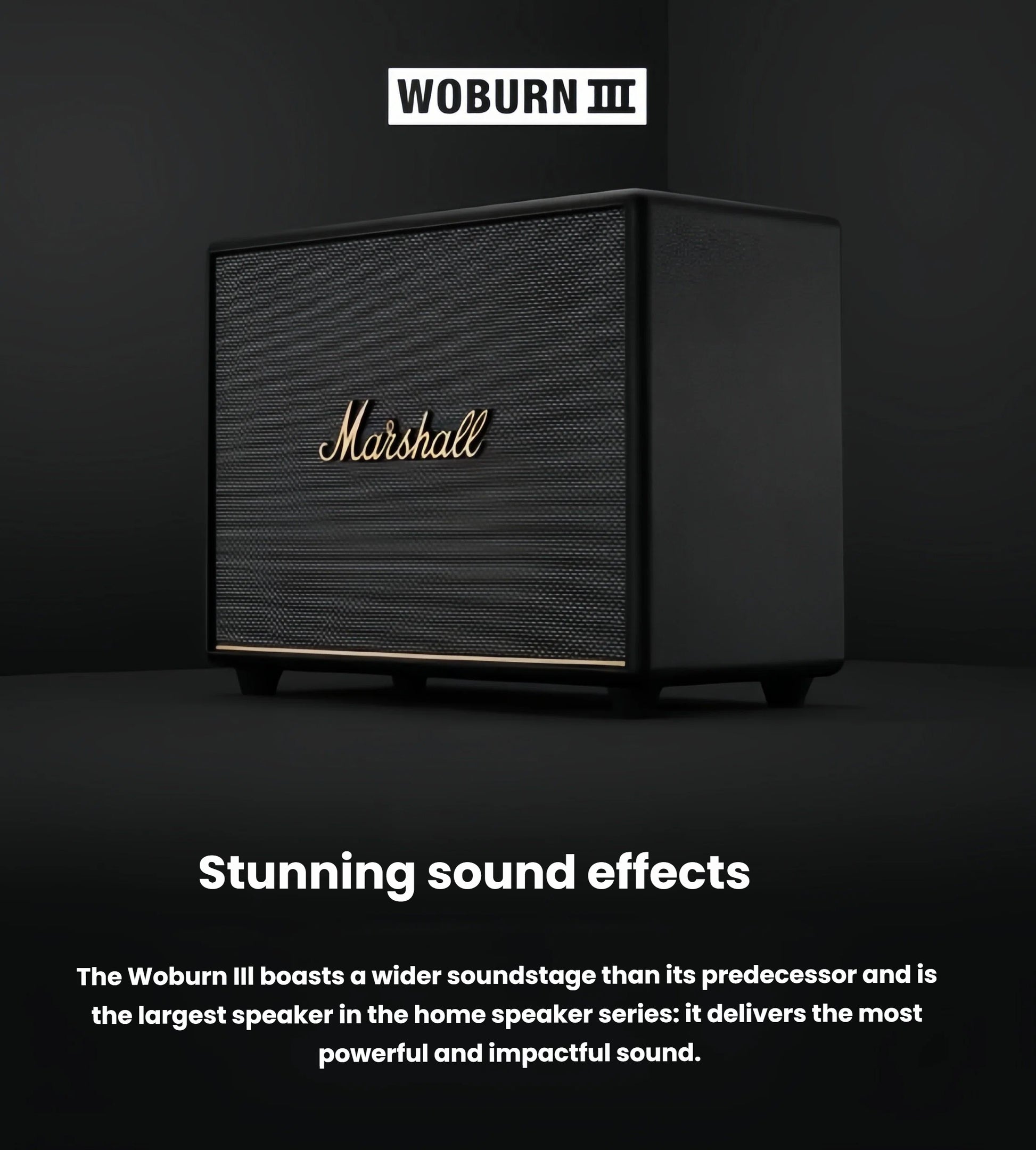 Dramatic studio shot of the black Marshall Woburn III speaker, emphasizing its powerful sound and classic rock-inspired design.
