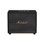 Front view of the Marshall Woburn III wireless Bluetooth speaker in classic black, highlighting its vintage vinyl wrap and gold detailing.