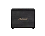 Front view of the Marshall Woburn III wireless Bluetooth speaker in classic black, highlighting its vintage vinyl wrap and gold detailing.