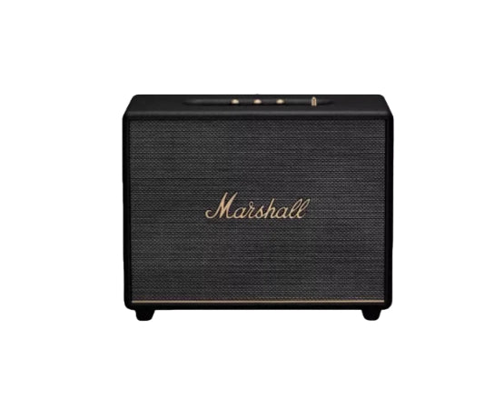 Front view of the Marshall Woburn III wireless Bluetooth speaker in classic black, highlighting its vintage vinyl wrap and gold detailing.