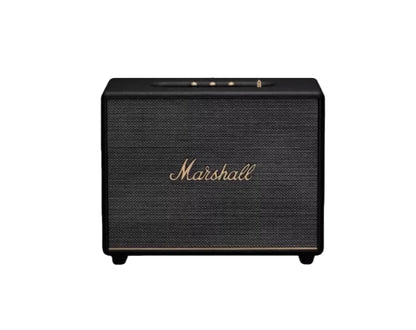 Front view of the Marshall Woburn III wireless Bluetooth speaker in classic black, highlighting its vintage vinyl wrap and gold detailing.