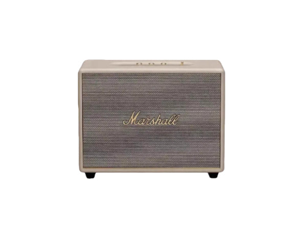  Front view of the Marshall Woburn III wireless Bluetooth speaker in cream, showcasing the iconic gold script logo and textured fret grille.