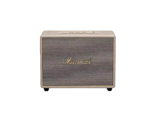  Front view of the Marshall Woburn III wireless Bluetooth speaker in cream, showcasing the iconic gold script logo and textured fret grille.